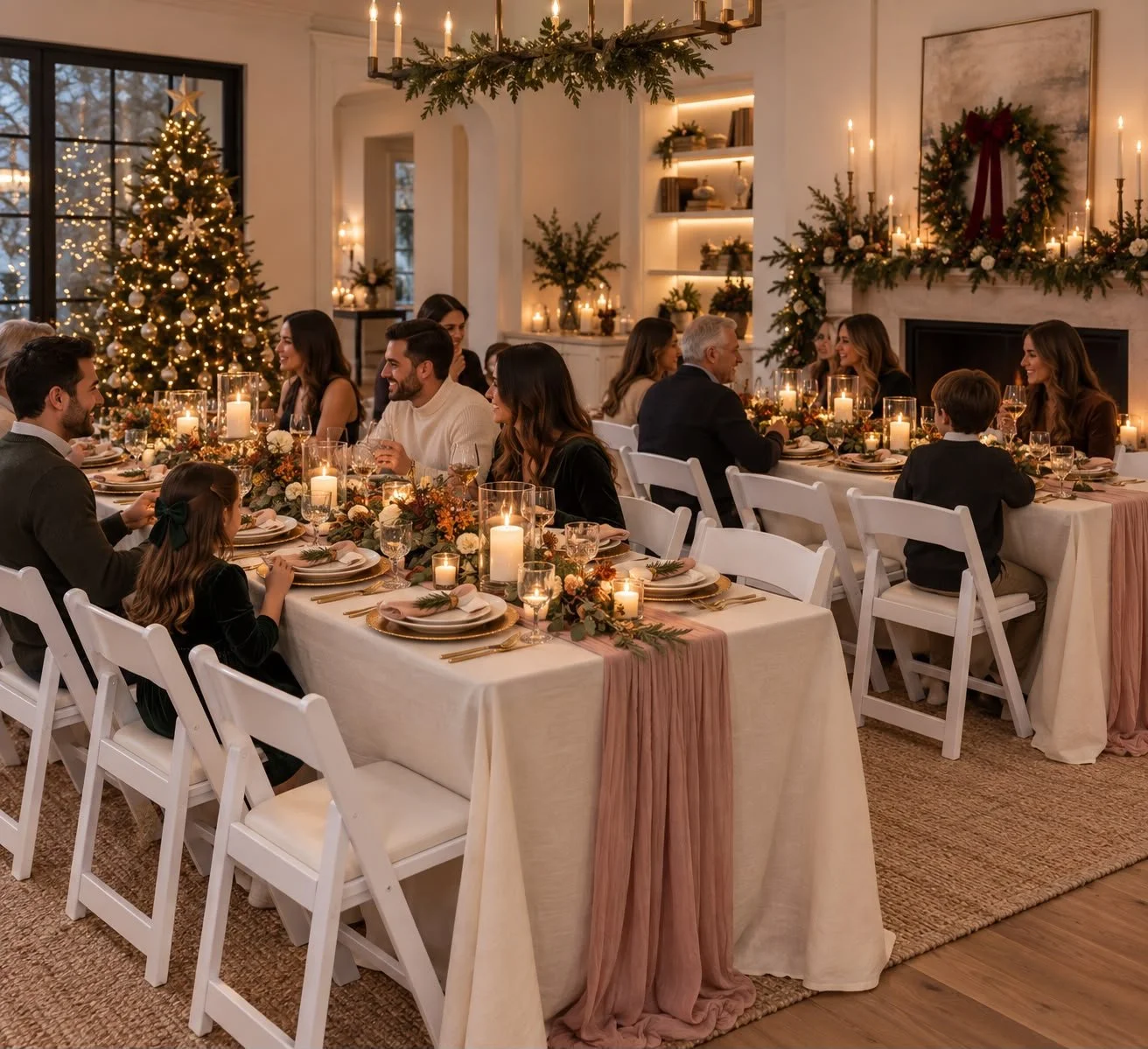 A festive Christmas dinner gathering with family and friends in a decorated living room, featuring a large Christmas tree with lights and ornaments, candles, and holiday decorations.