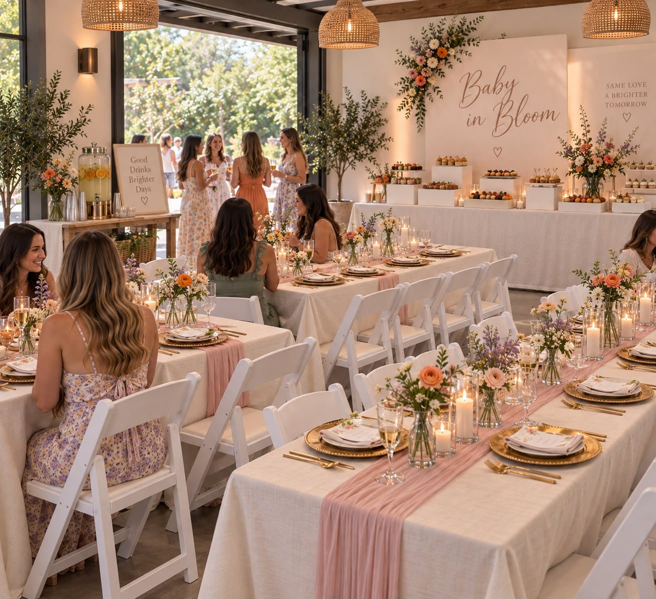 A decorated indoor celebration space with tables set for a baby shower, featuring floral centerpieces, candles, and a dessert table with cupcakes and treats, with several women socializing and chatting.