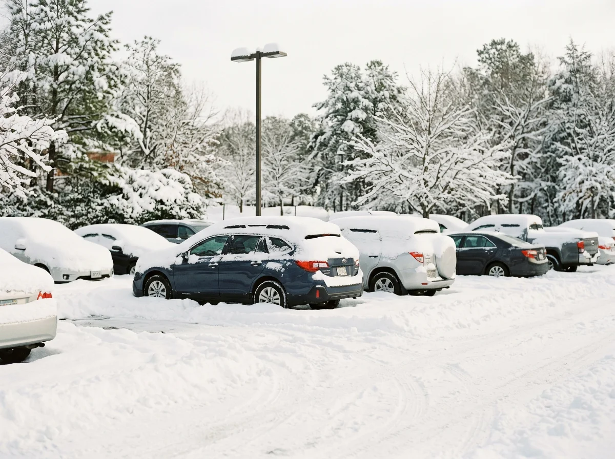 Snow-covered cars parked in a lot with snow-covered trees in the background.