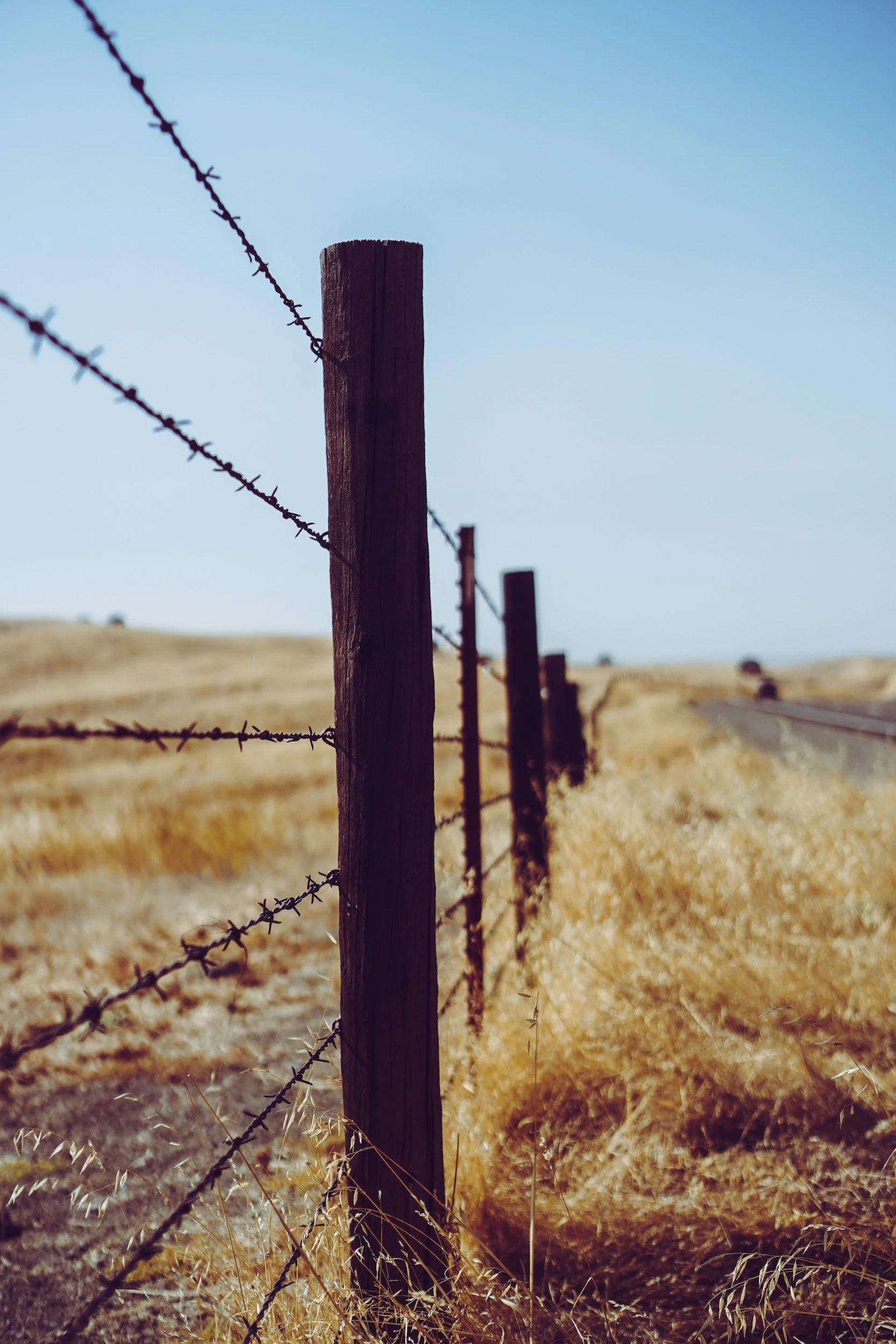 Close-up of a wooden fence post with barbed wire running diagonally against a backdrop of open fields and a clear blue sky.