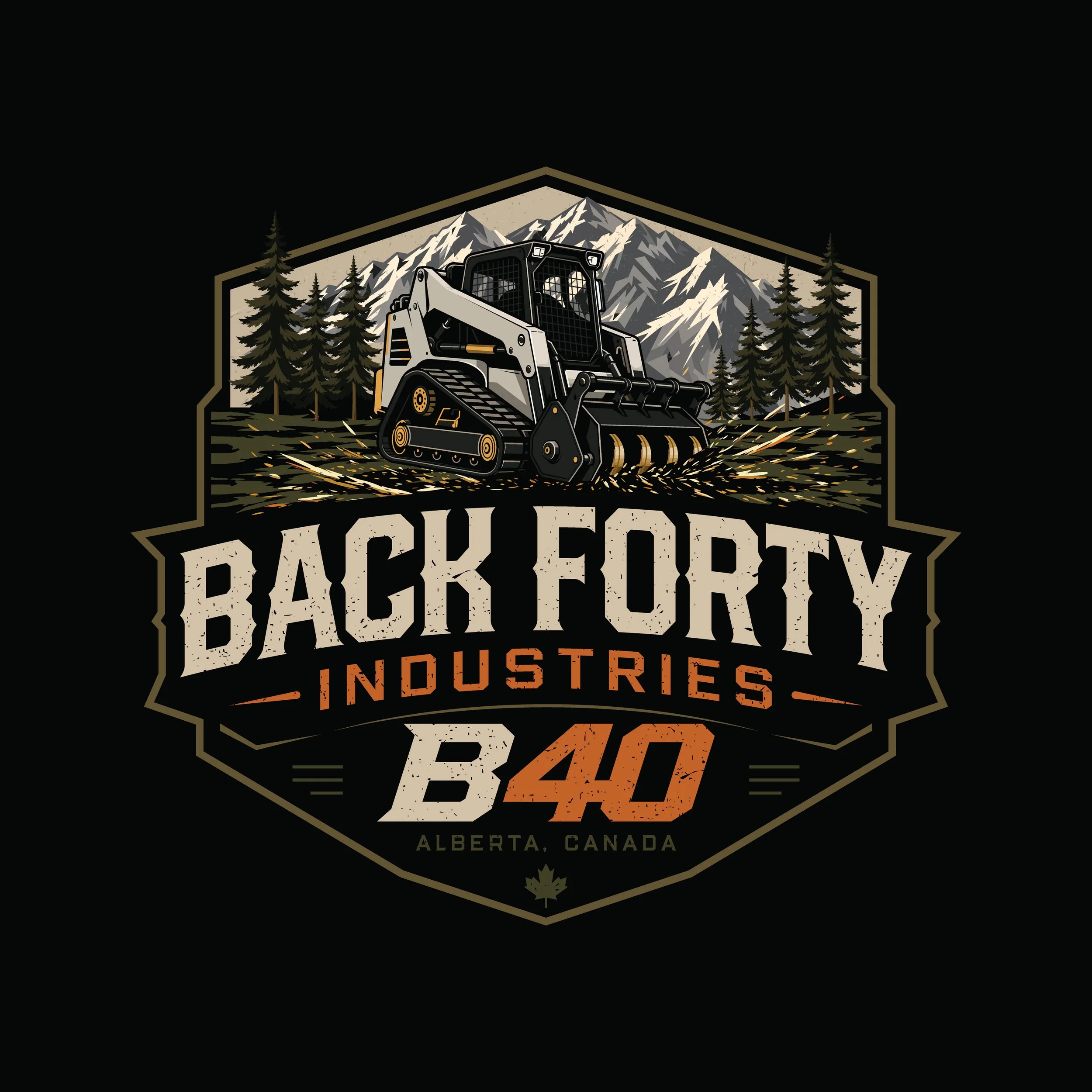 Logo for Backcountry Industries in Alberta, Canada, featuring a mountain range, evergreen trees, and a bulldozer.