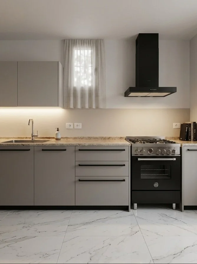 Cucina moderna con armadietti grigi, piano di lavoro in granito, forno a gas nero e cappa aspirante nera, con tende bianche e pareti chiare.