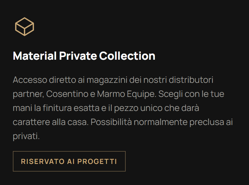 Schermata con testo che promuove una collezione privata di materiali e accesso esclusivo ai magazzini dei distributori partner.