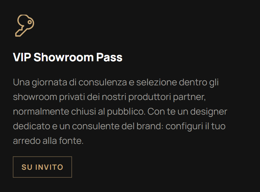 Pass digitale VIP per showroom con info su consulenza e design, invito esclusivo.