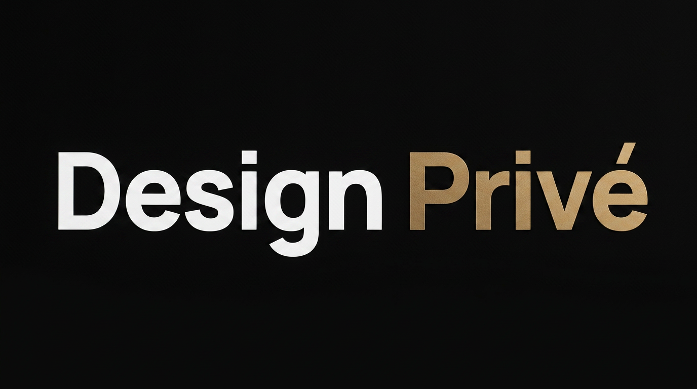 Testo 'Design Privé' su sfondo nero, con 'Design' in bianco e 'Privé' in oro chiaro.