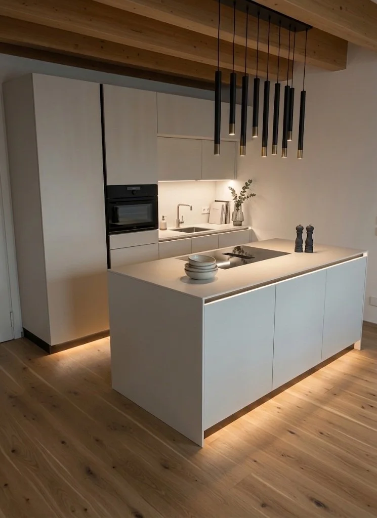 Cucina moderna con isola centrale, pensili bianchi, pavimento in legno, illuminazione sospesa nera, piante e stoviglie decorative.