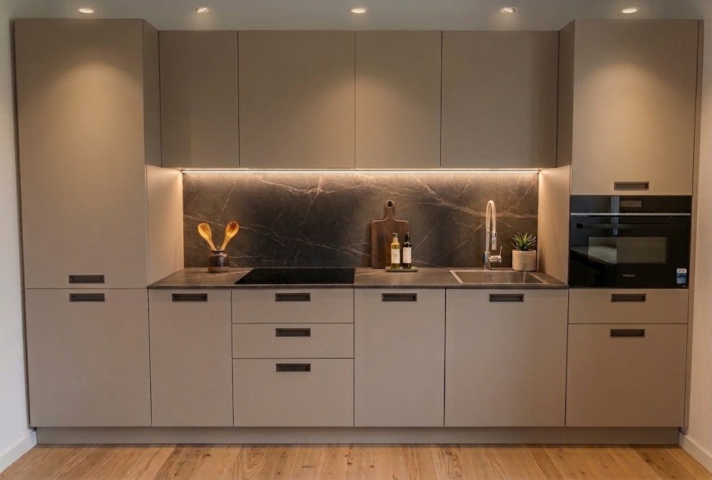 Cucina moderna con armadietti beige, piano in marmo scuro, lavandino con rubinetto, forno a microonde e piano cottura elettrico, decorazioni con piante e utensili