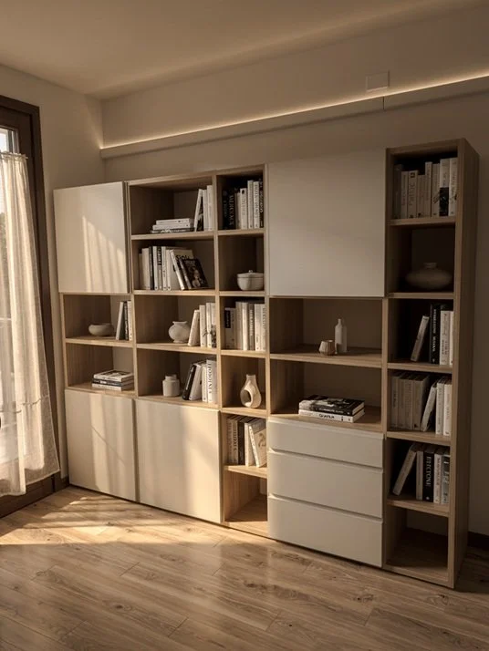Scaffale di legno con mensole e ripiani pieni di libri, alcune vetrinette con ante bianche, decorazioni in ceramica, ambientazione moderna in una stanza con parquet e illuminazione soffusa.