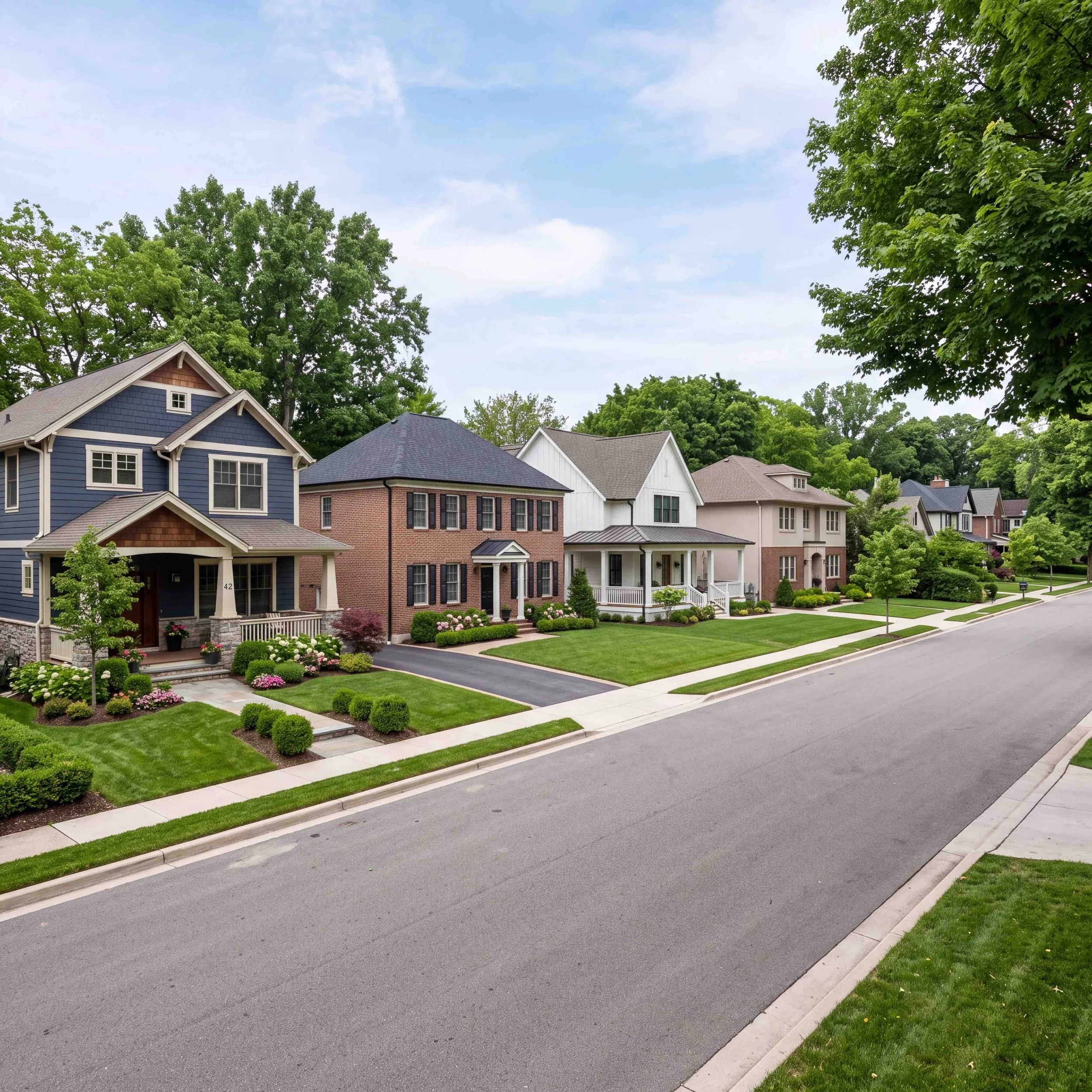A suburban neighborhood with colorful houses, well-maintained lawns, trees, and a paved street.