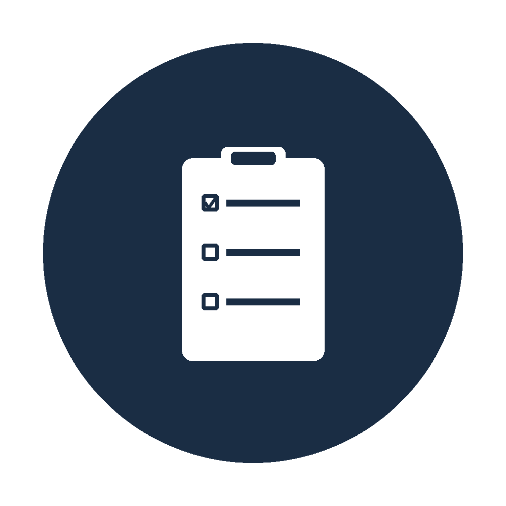 Icon of a white clipboard with a checklist on a dark circular background