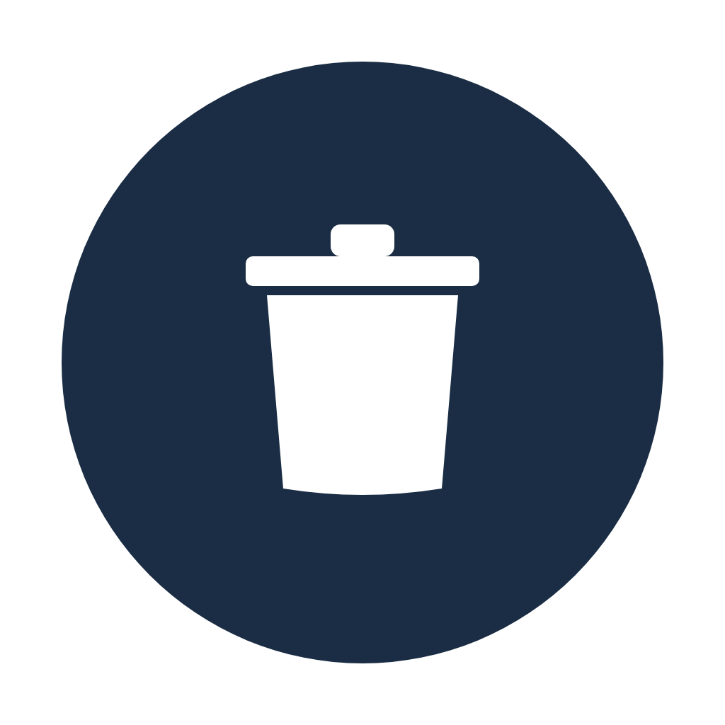 Icon of a white trash can with a lid on a dark circular background