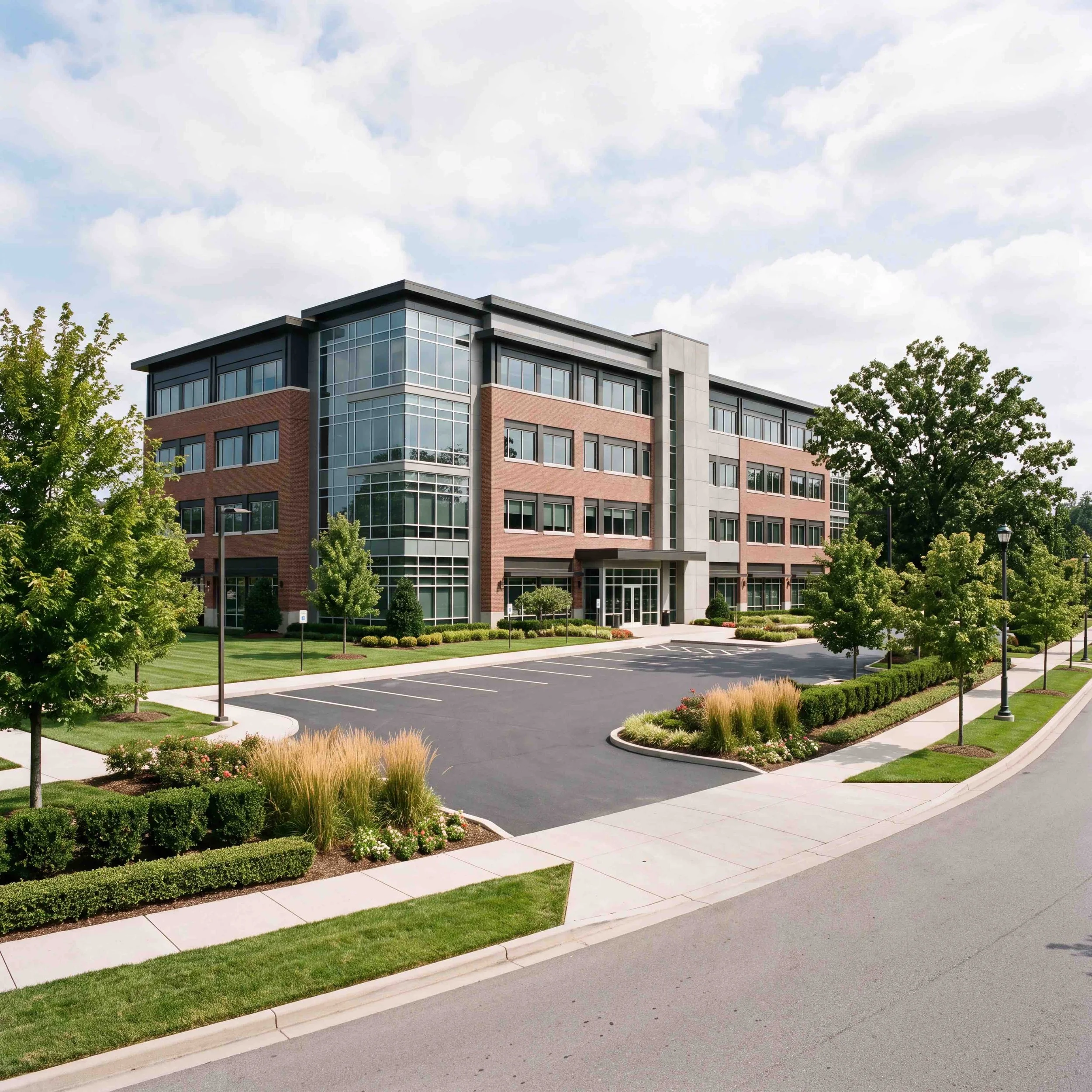 Modern multi-story office building with brick and glass exterior, surrounded by well-maintained landscaping, trees, and a parking lot under a partly cloudy sky.