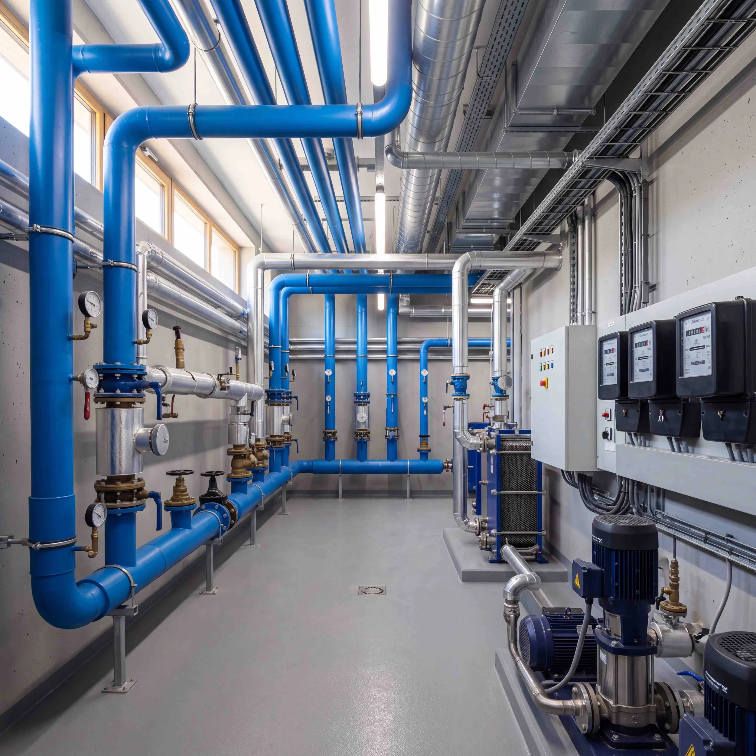 A room with various blue and silver pipes, gauges, and industrial equipment, with a gray floor and walls and a few windows.