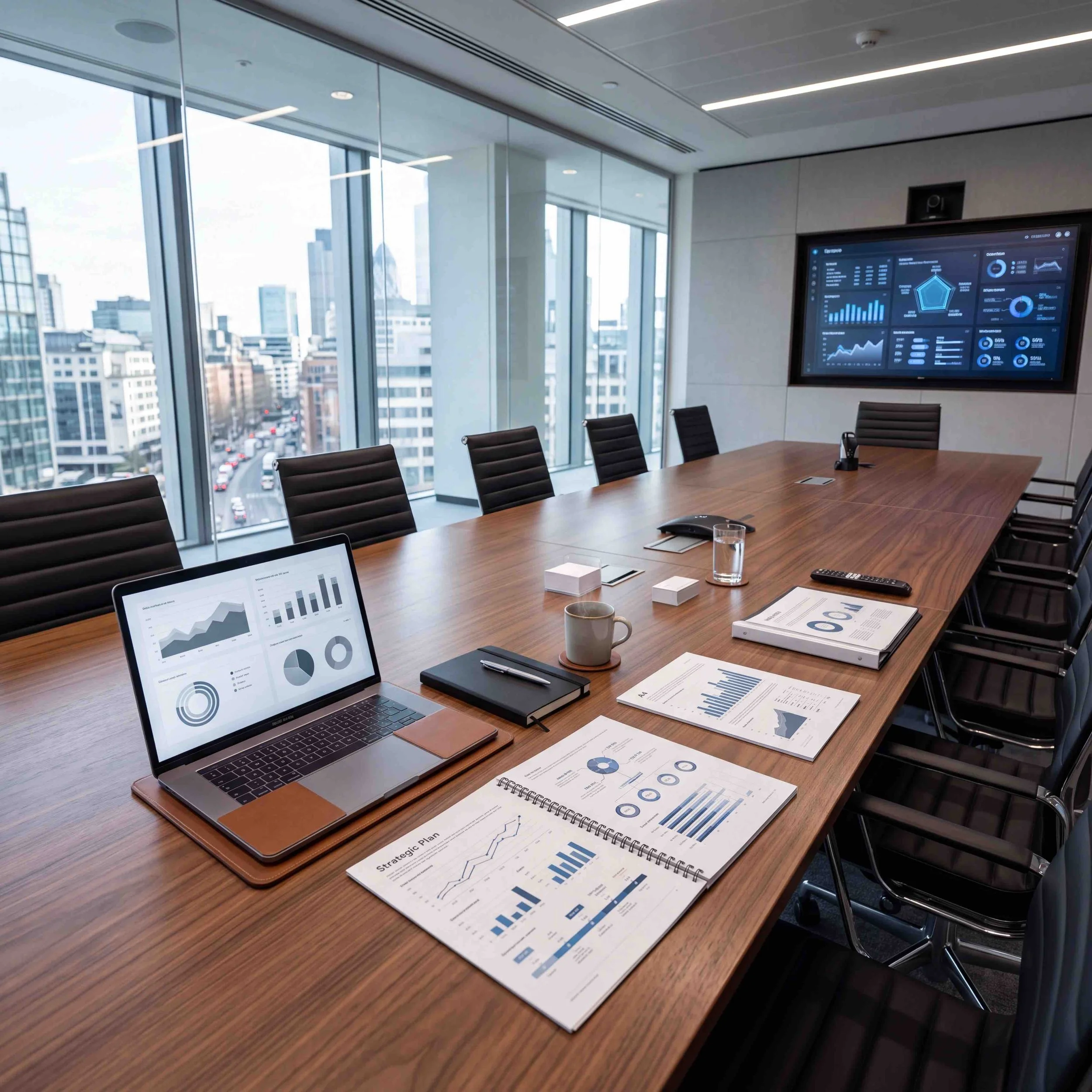 A conference room with a long wooden table surrounded by black chairs. On the table are papers with graphs and a laptop displaying charts. In the background, large windows show a cityscape of tall buildings. A large screen on the wall displays data visualizations and charts.
