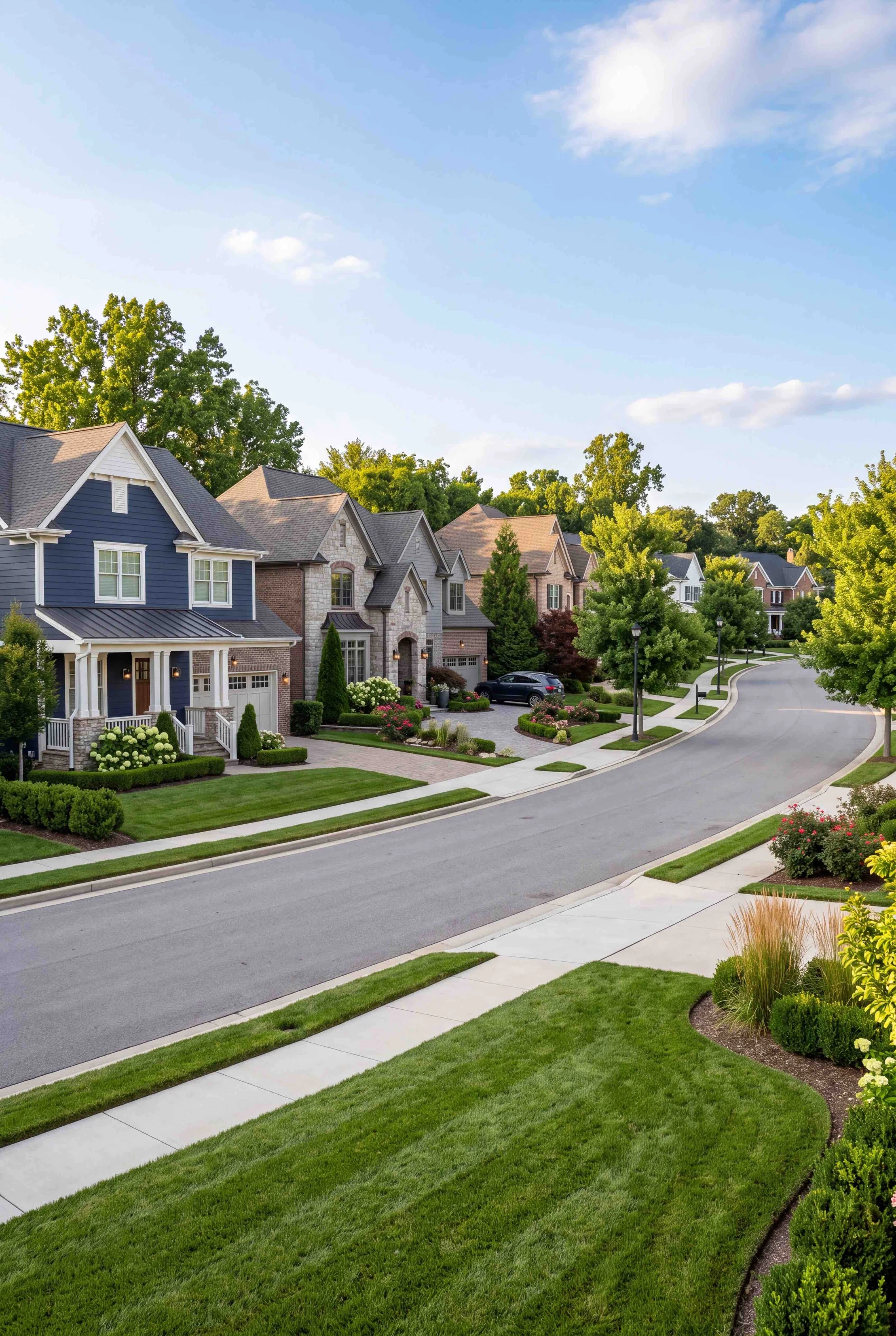 Suburban neighborhood with well-kept lawns, curbside sidewalks, modern houses with varied facades, and lush green trees under a clear blue sky.