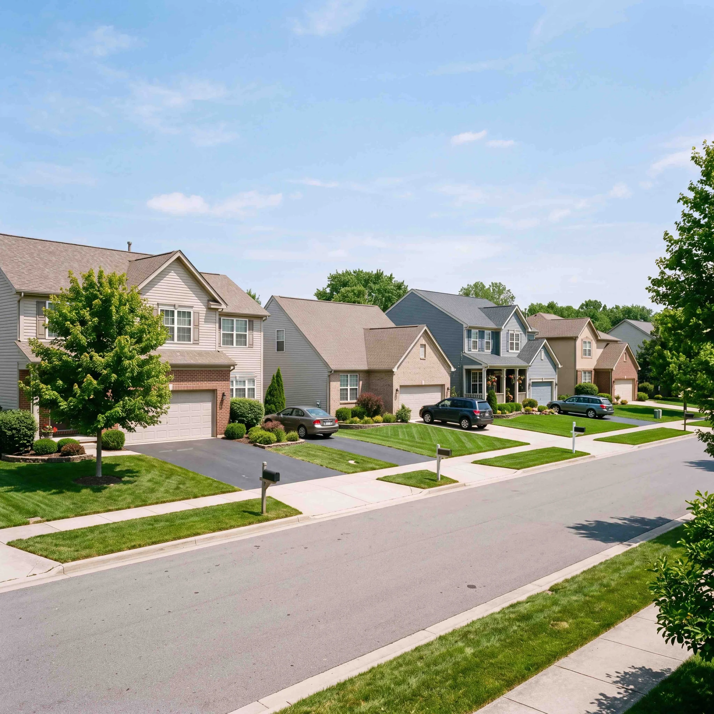 Suburban neighborhood with several houses, parked cars, green lawns, trees, and a clear blue sky.