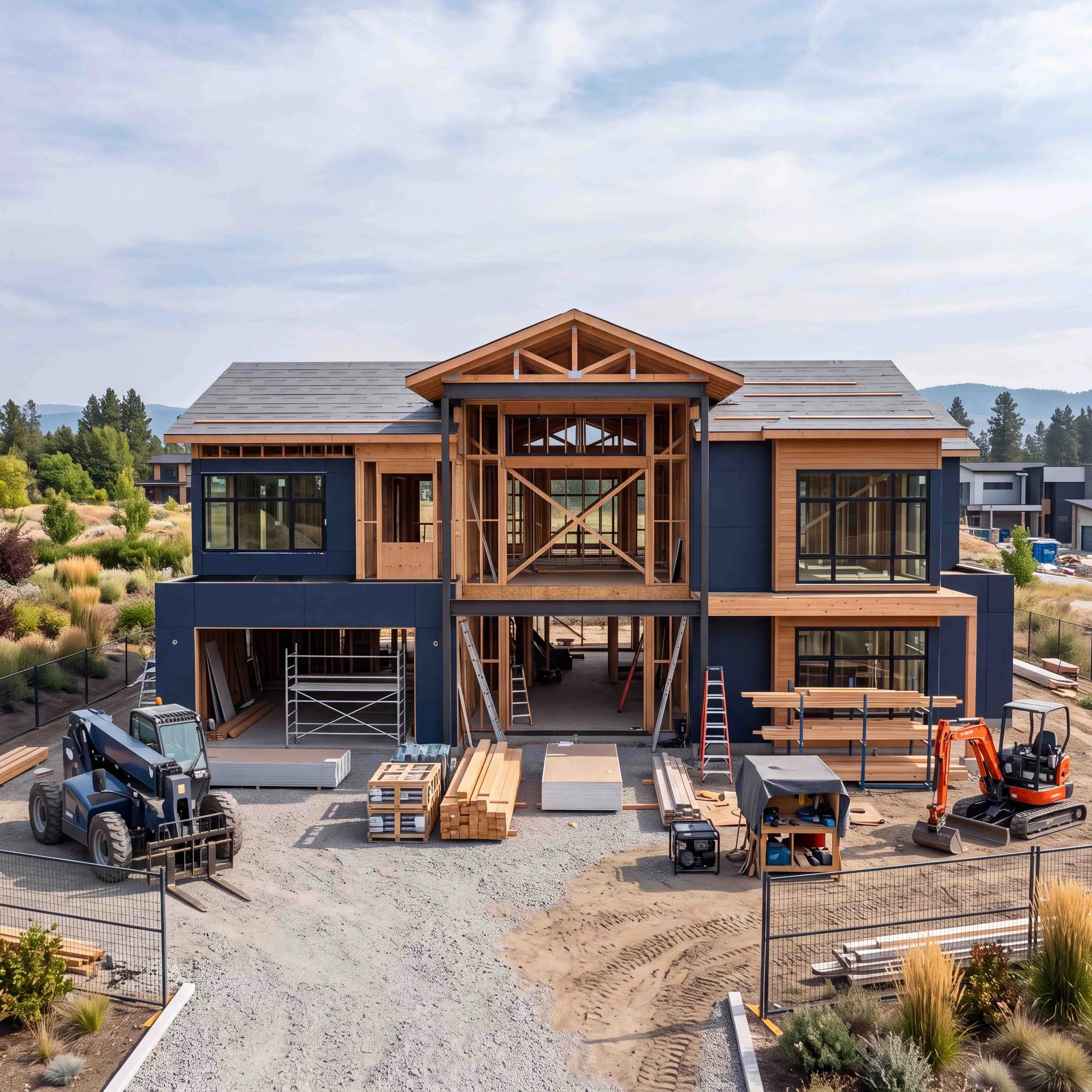 Under construction house with wooden framing, construction equipment, building materials, and scenic landscape with trees and mountains in the background.