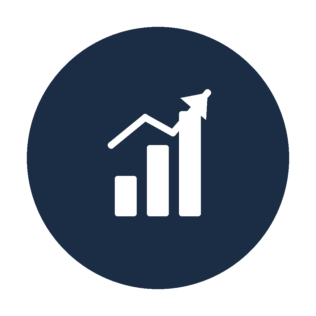 Icon of a white upward trending bar chart with an arrow on a dark circular background