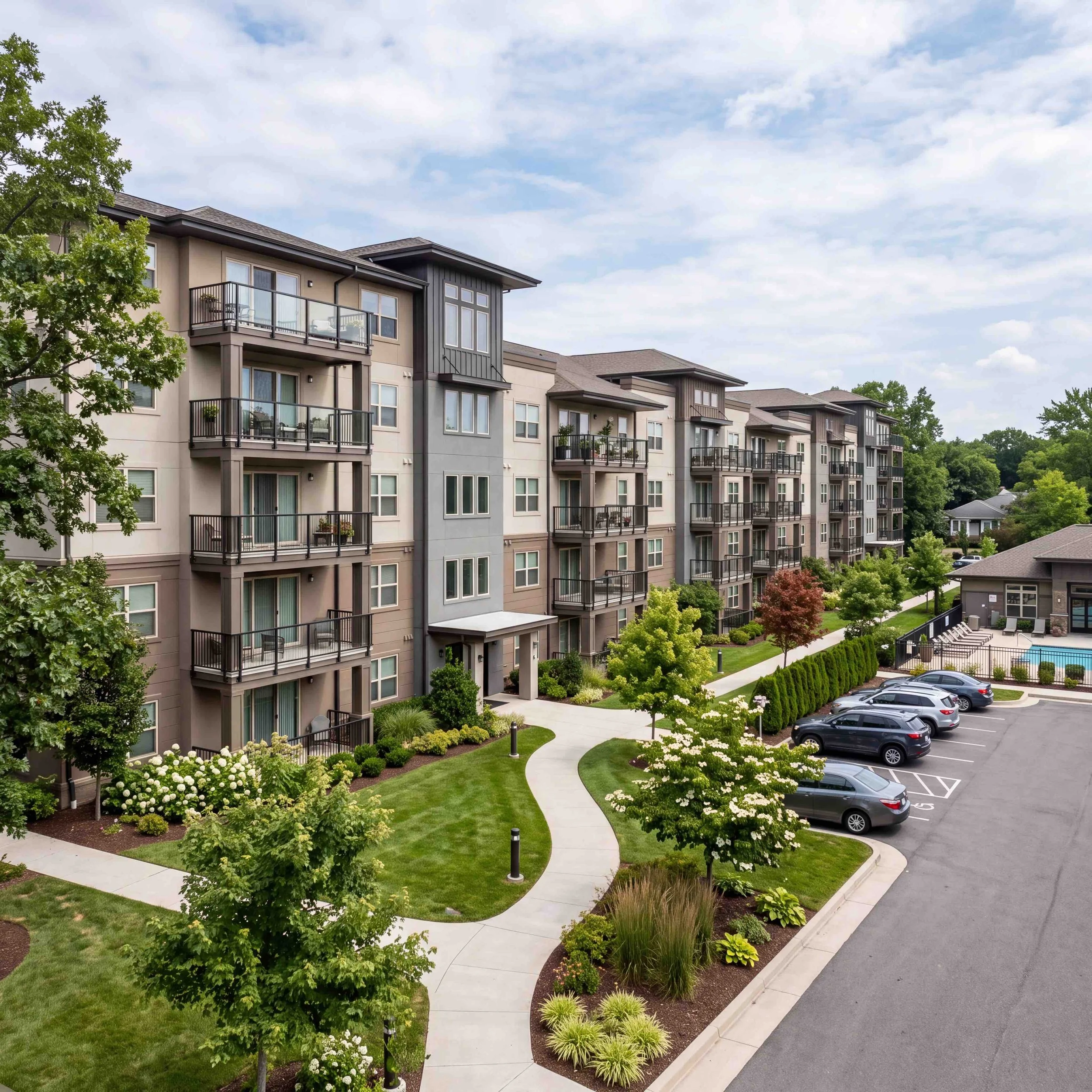 Multi-story apartment building with balconies, surrounded by landscaped gardens and parking lot with cars, under a partly cloudy sky.