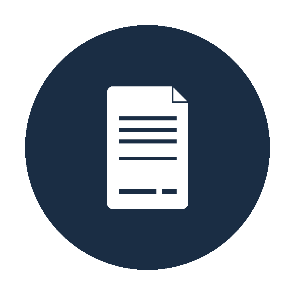Icon of a white invoice document with lines of text on a dark circular background