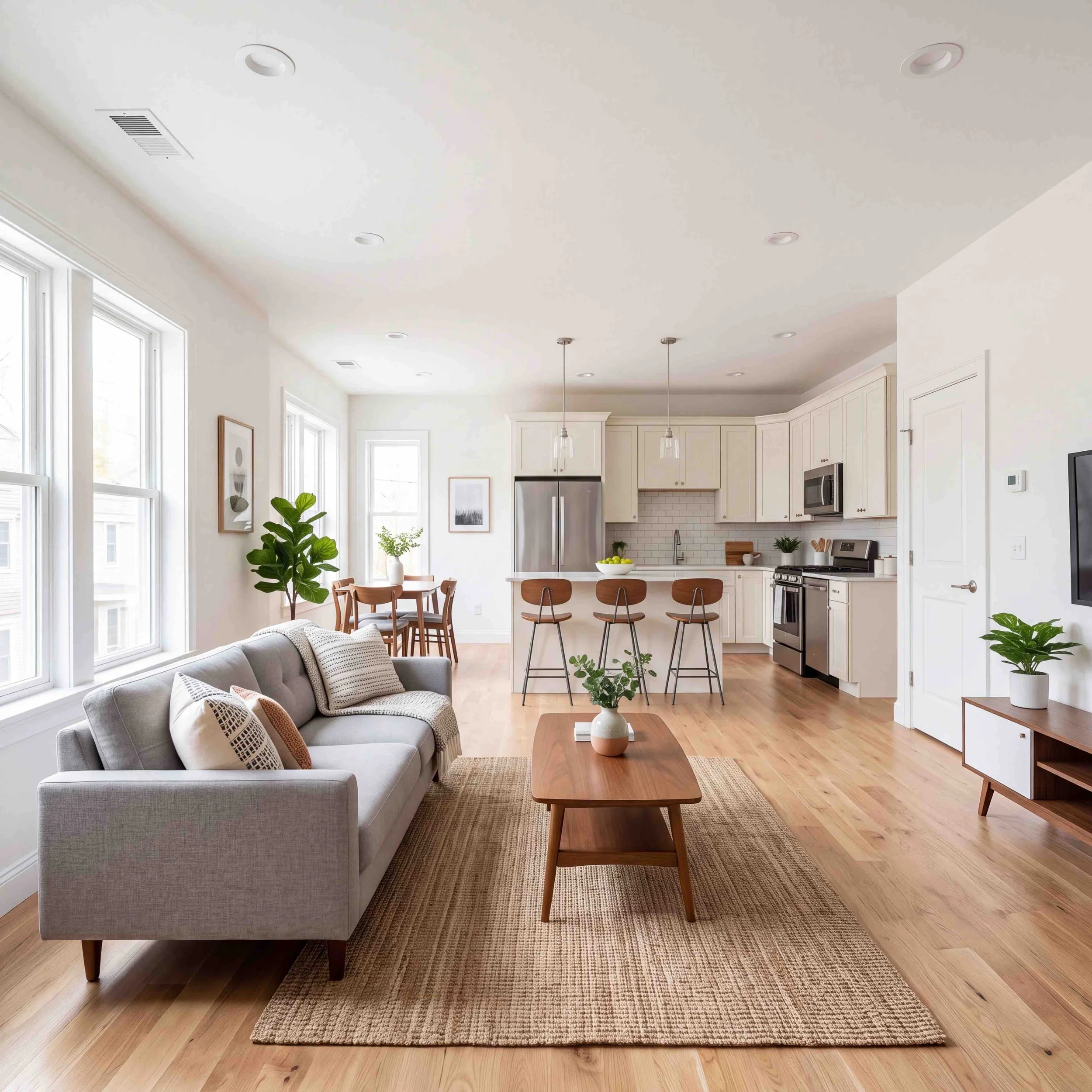 Bright open living room and kitchen with large windows, beige walls, hardwood floors, a gray sofa with patterned pillows, a wooden coffee table, potted plants, dining table with chairs, white kitchen cabinets, stainless steel appliances, and pendant lighting.