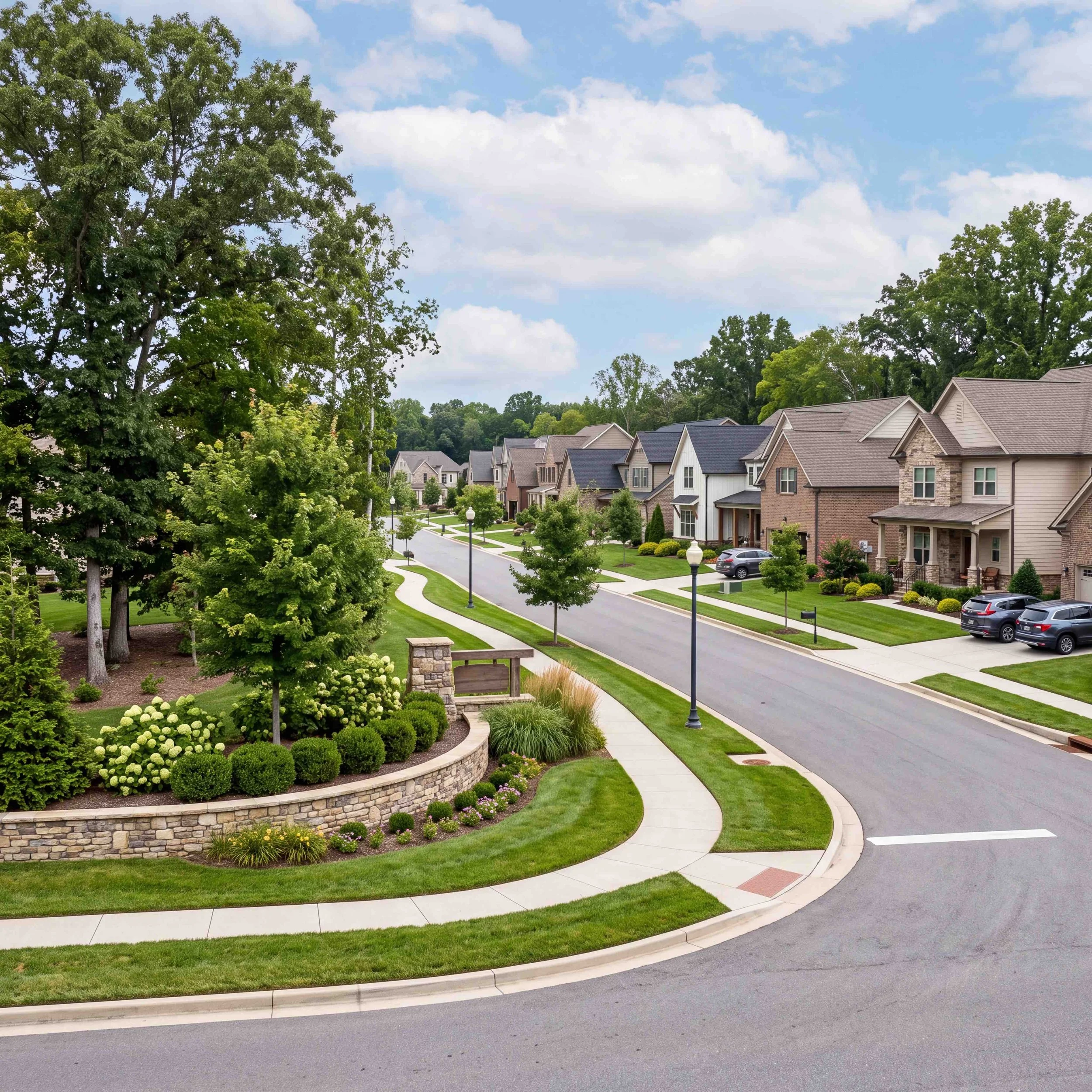 A suburban neighborhood with a row of houses, well-maintained lawns, trees, and a sidewalk. The street has parked cars and street lamps, with a clear blue sky and some clouds overhead.