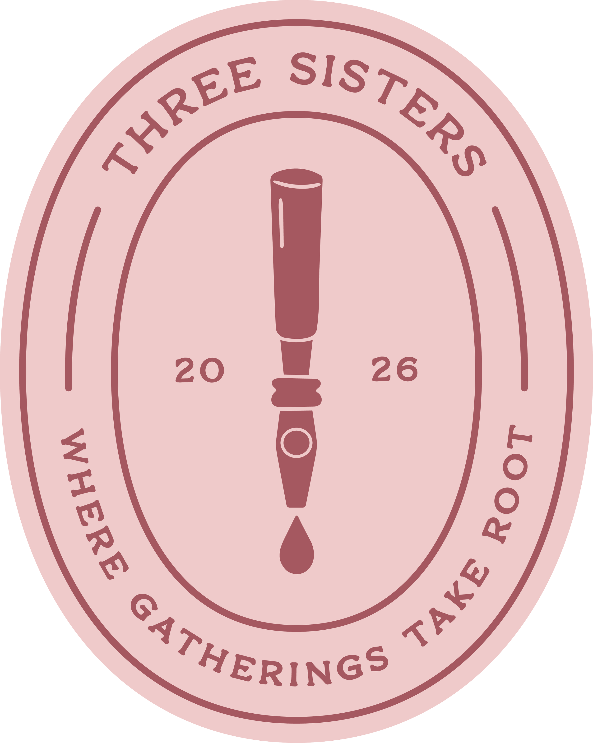 Close-up of a pink circular sticker with a keg tap handle graphic in the center. The outer ring of the sticker contains the text 'THREE SISTERS' at the top and 'WHERE GATHERINGS TAKE PLACE' at the bottom.