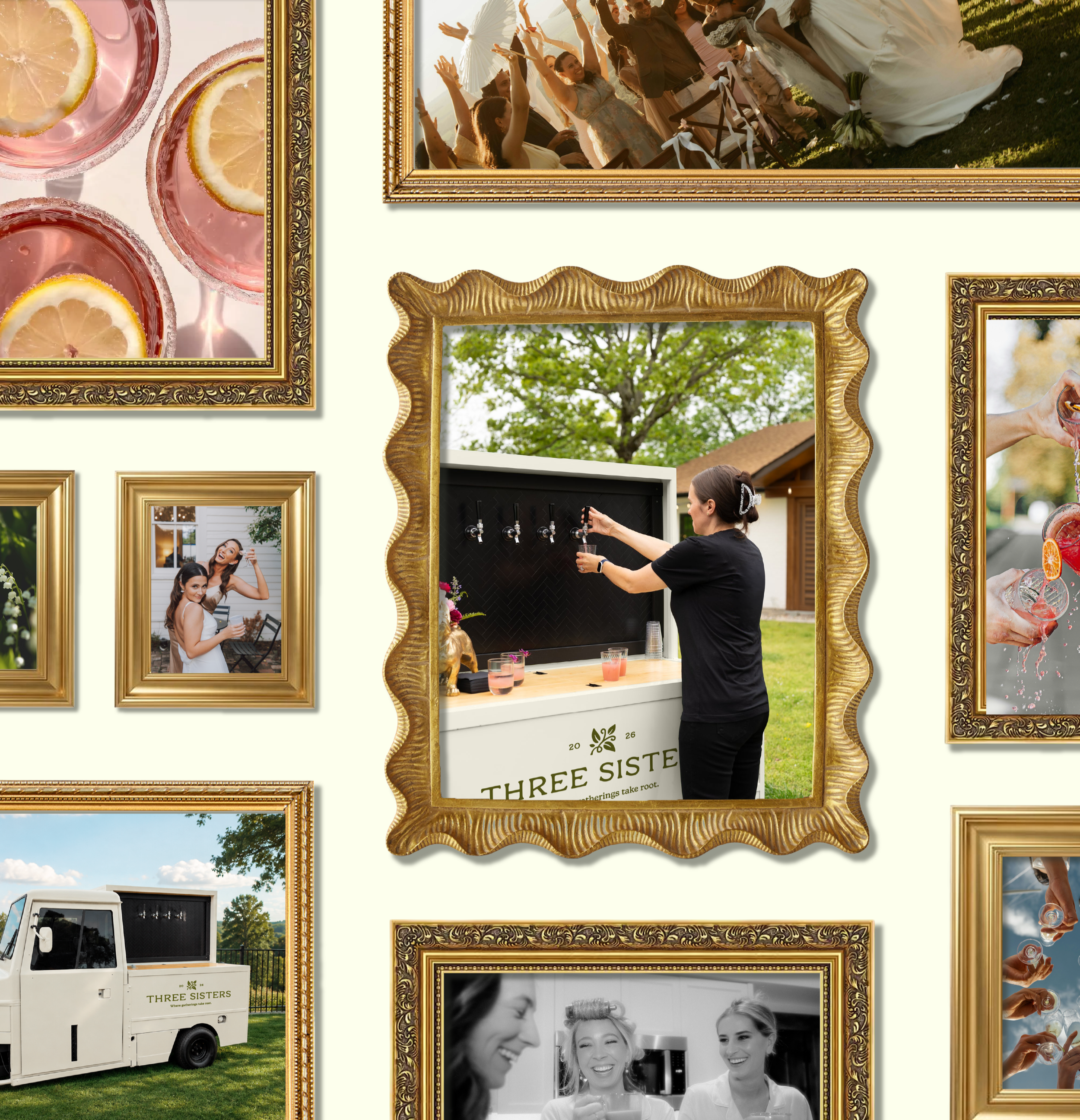 A collage of framed photos and decorations at an outdoor event, including a picture of a group of people celebrating, a woman serving drinks at a bar, and images of food, drinks, and a sunny sky with trees.