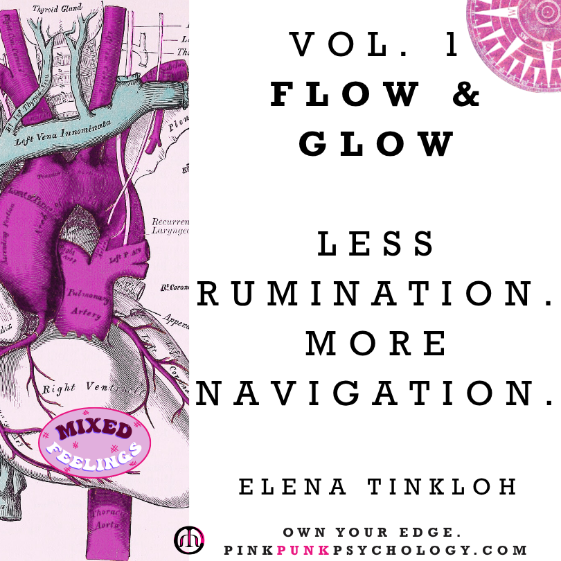 Cover eines medizinischen Buches mit einem anatomischen Herzdiagramm auf der linken Seite und dem Titel 'VOL. 1 FLOW & GLOW LESS RUMINATION. MORE NAVIGATION.' auf der rechten Seite, sowie dem Namen Elena Tinkloh.