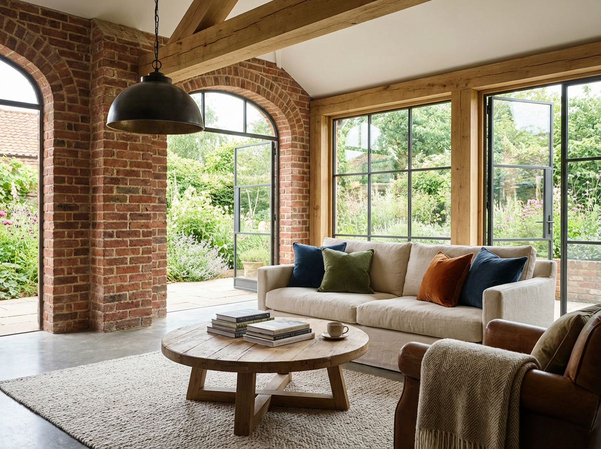 Living room with large windows, exposed brick walls, wooden beams, and a beige sofa with multiple colorful pillows, a round wooden coffee table with books and a cup, and an armchair with a blanket, overlooking a green garden.