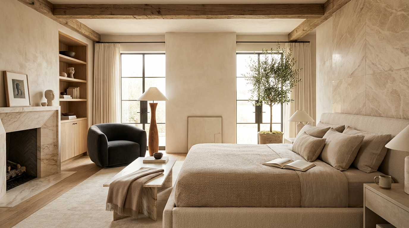 A cozy bedroom with a large bed, beige bedding, and pillows. There is a nightstand with a lamp and a mug, a marble fireplace, and built-in shelves with books and decor. A black armchair, a tall wooden floor lamp, a potted plant, and large windows with curtains let in natural light.