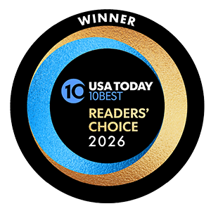 A circular badge with a black background, featuring the logos and text celebrating USA TODAY's 10Best Readers' Choice award in 2026, with gold and blue accents and the word 'WINNER' at the top.