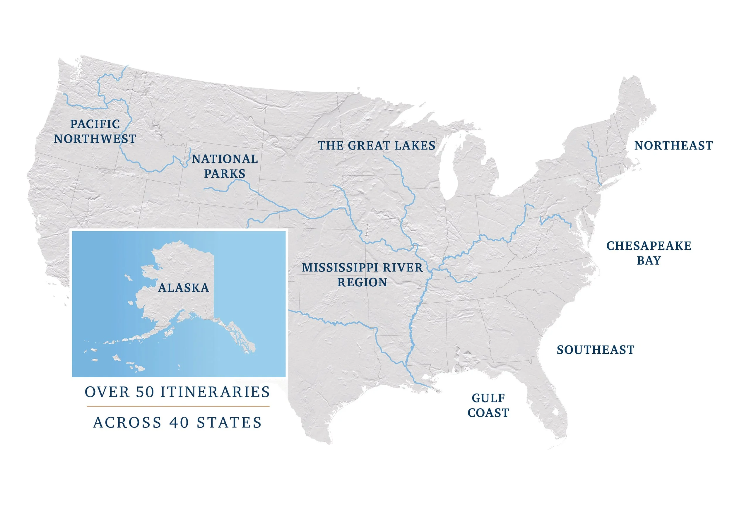 A map of the United States highlighting regions such as Pacific Northwest, National Parks, Alaska, The Great Lakes, Northeast, Mississippi River Region, Southeast, Gulf Coast, and Over 50 Itineraries across 40 states.