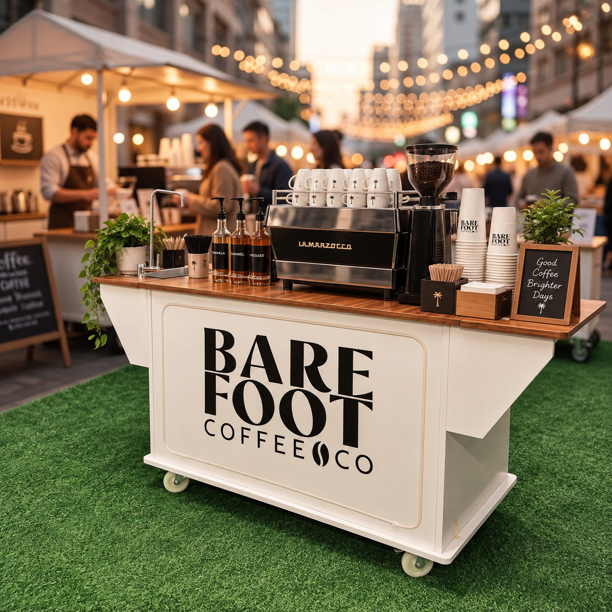 Outdoor coffee stand with a white sign reading 'Bare Foot Coffee Co,' surrounded by string lights, people in the background, and various coffee supplies and plants on the wooden counter.