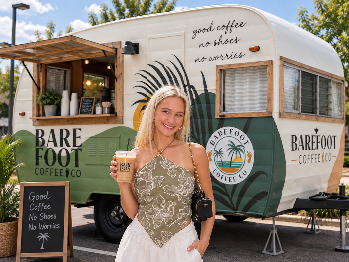A smiling woman with blonde hair holding a cup of iced coffee standing in front of a green and white coffee trailer named Barefoot Coffee Co. The trailer has tropical logo art and signs that say "good coffee, no shoes, no worries" and a blackboard sign with the same message.