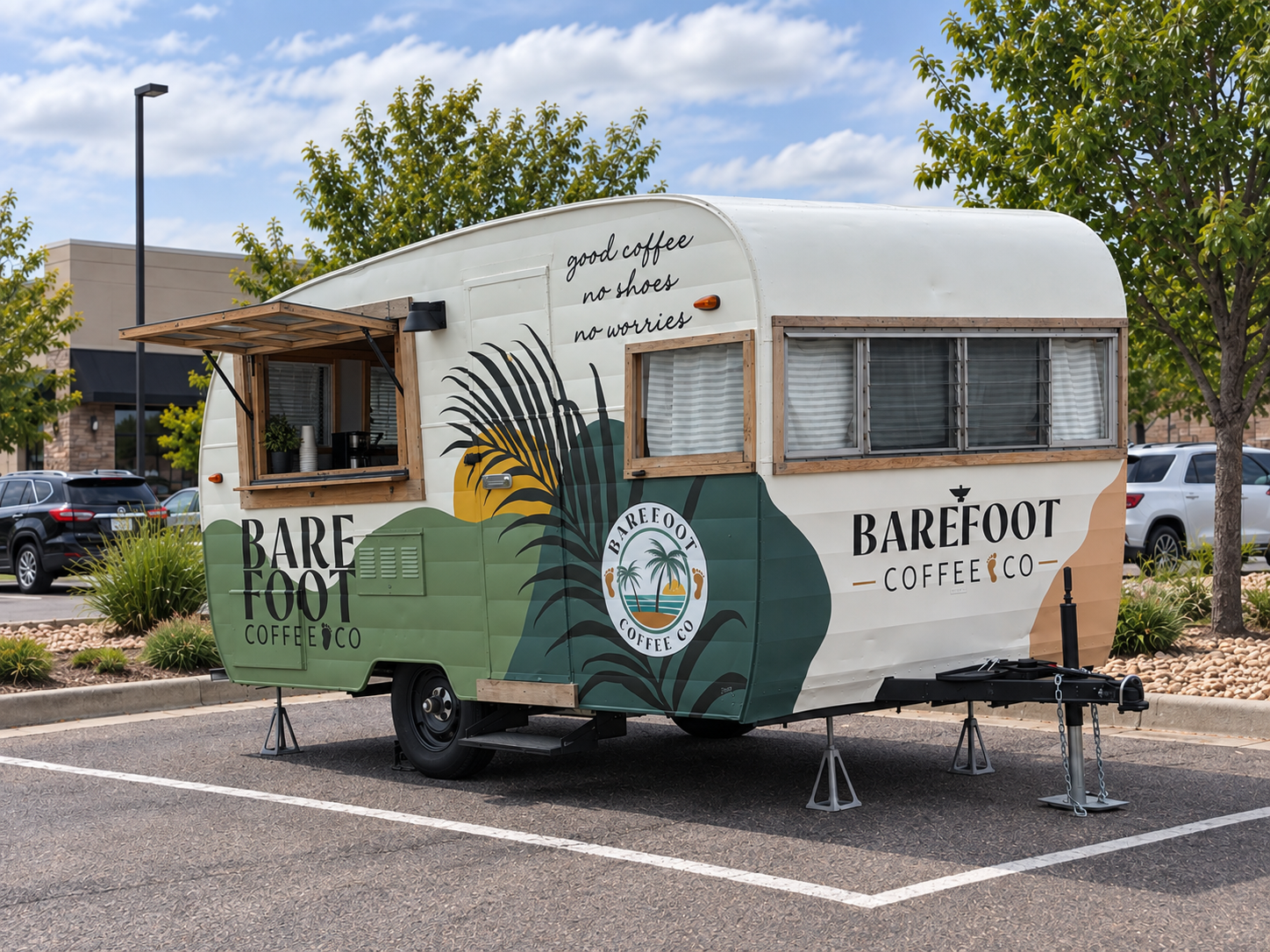 A mobile coffee trailer named Barefoot Coffee Co. parked in a lot, featuring a palm tree logo, painted mountains, and the tagline 'good coffee no shoes no worries.' The trailer has a service window with a wooden awning, and is surrounded by cars, trees, and a clear sky.