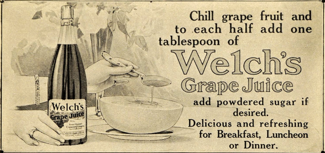 Vintage advertisement for Welch's Grape Juice, showing a hand pouring grape juice into a bowl with a bottle of Welch's Grape Juice in the background.