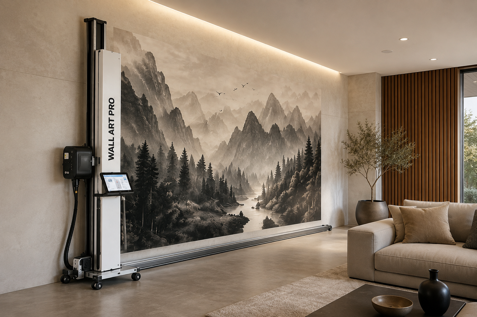 An interior living space with a large black-and-white mountain landscape mural on the wall, a potted plant, a beige sofa with pillows, and a window with wooden paneling, illuminated by ceiling lights and natural light.
