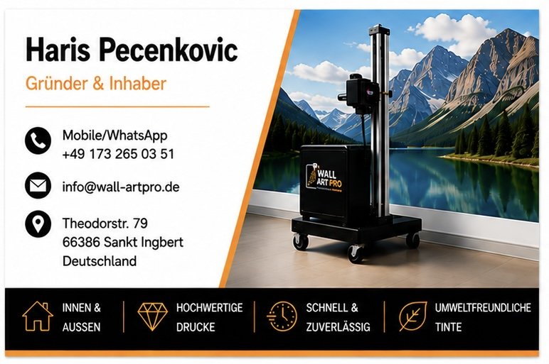 Business card for Haris Pecenkovic with contact information, including mobile, email, and address, beside a wallpaper roller machine against a mural of mountains and lake.