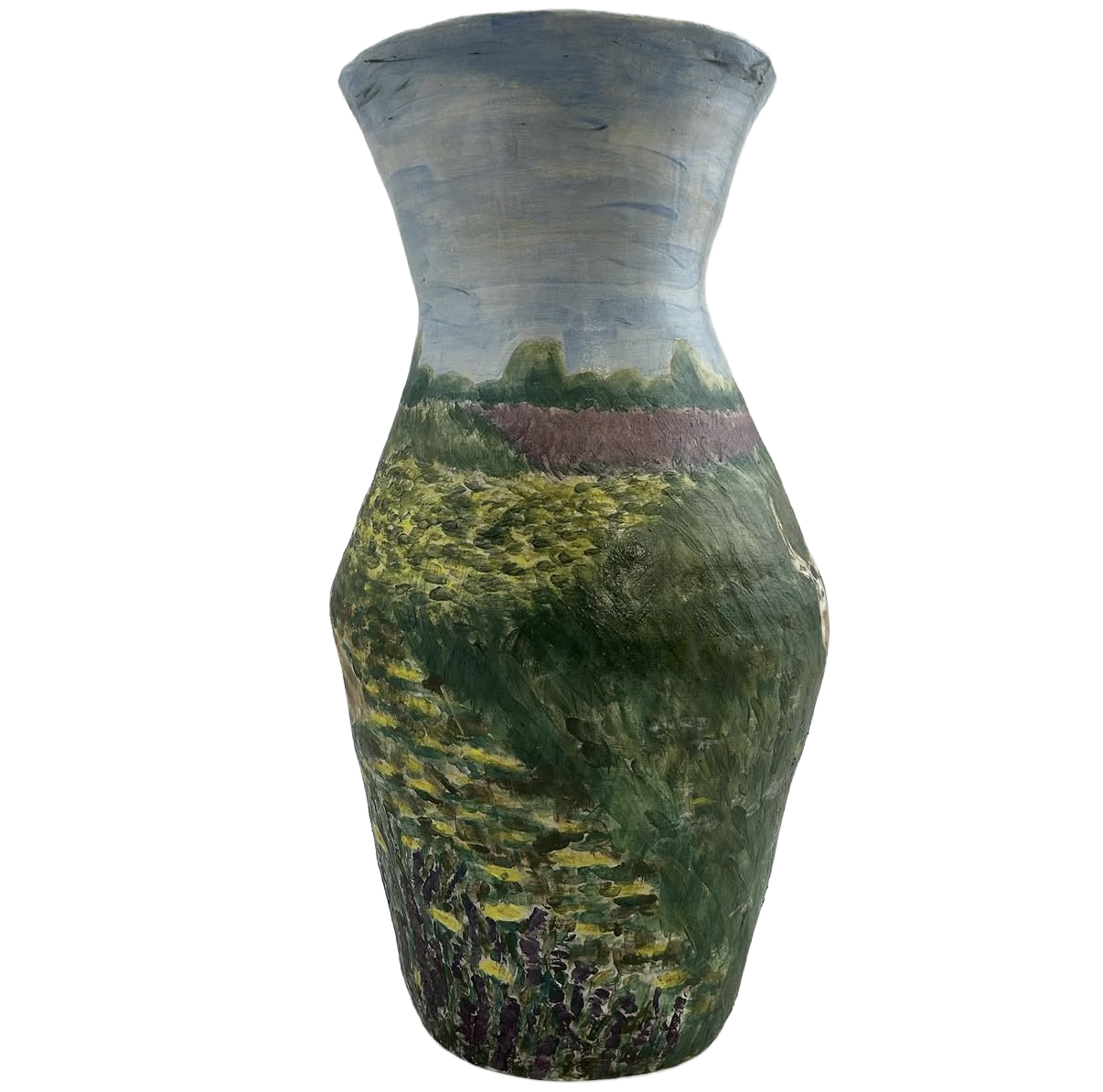 Ceramic vase decorated with a landscape painting showing green hills, purple fields, and a cloudy sky.