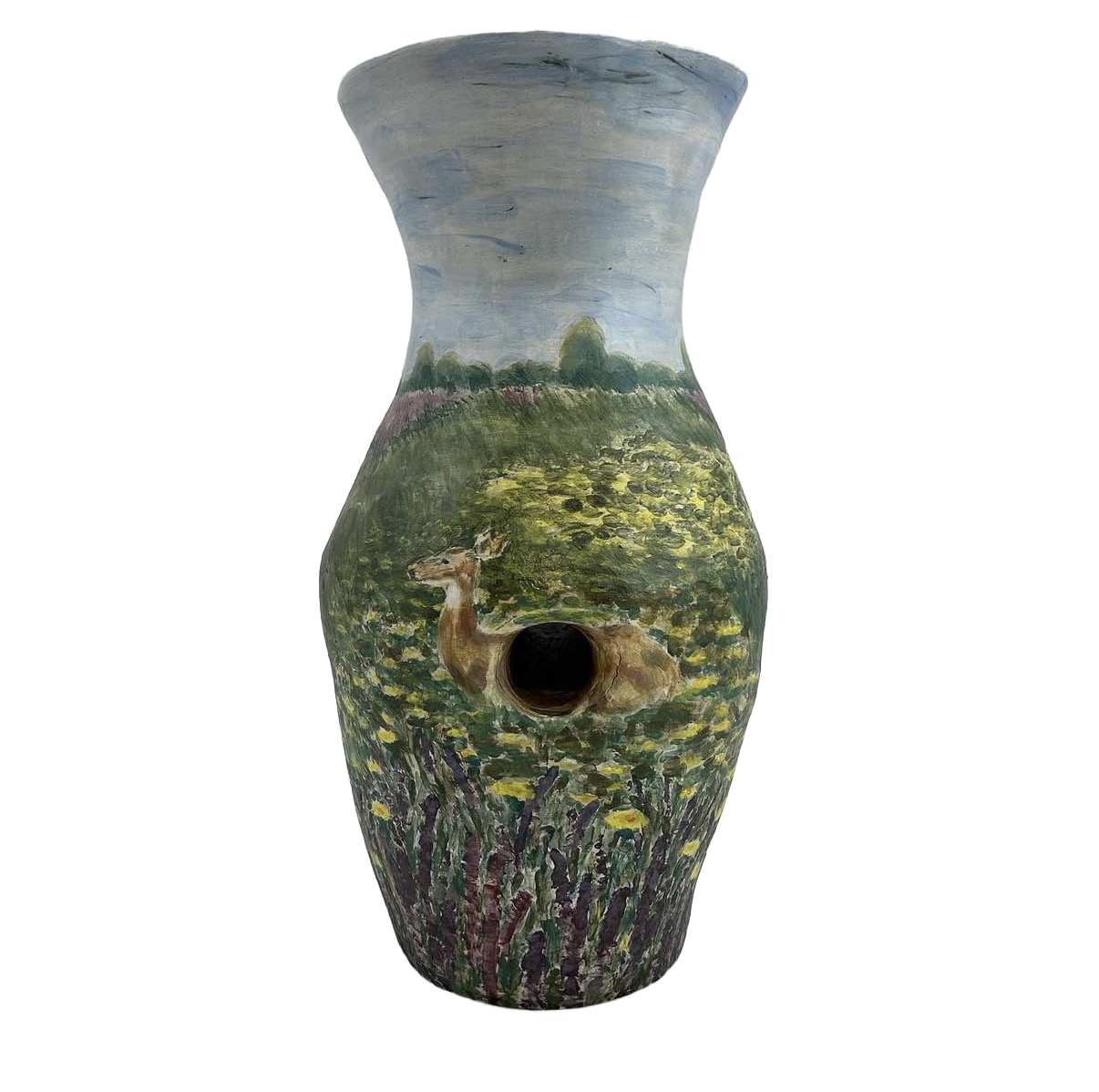 Doe view: Decorative vase with a landscape painting featuring green fields, trees, purple and yellow flowers, a deer, and a blue sky.