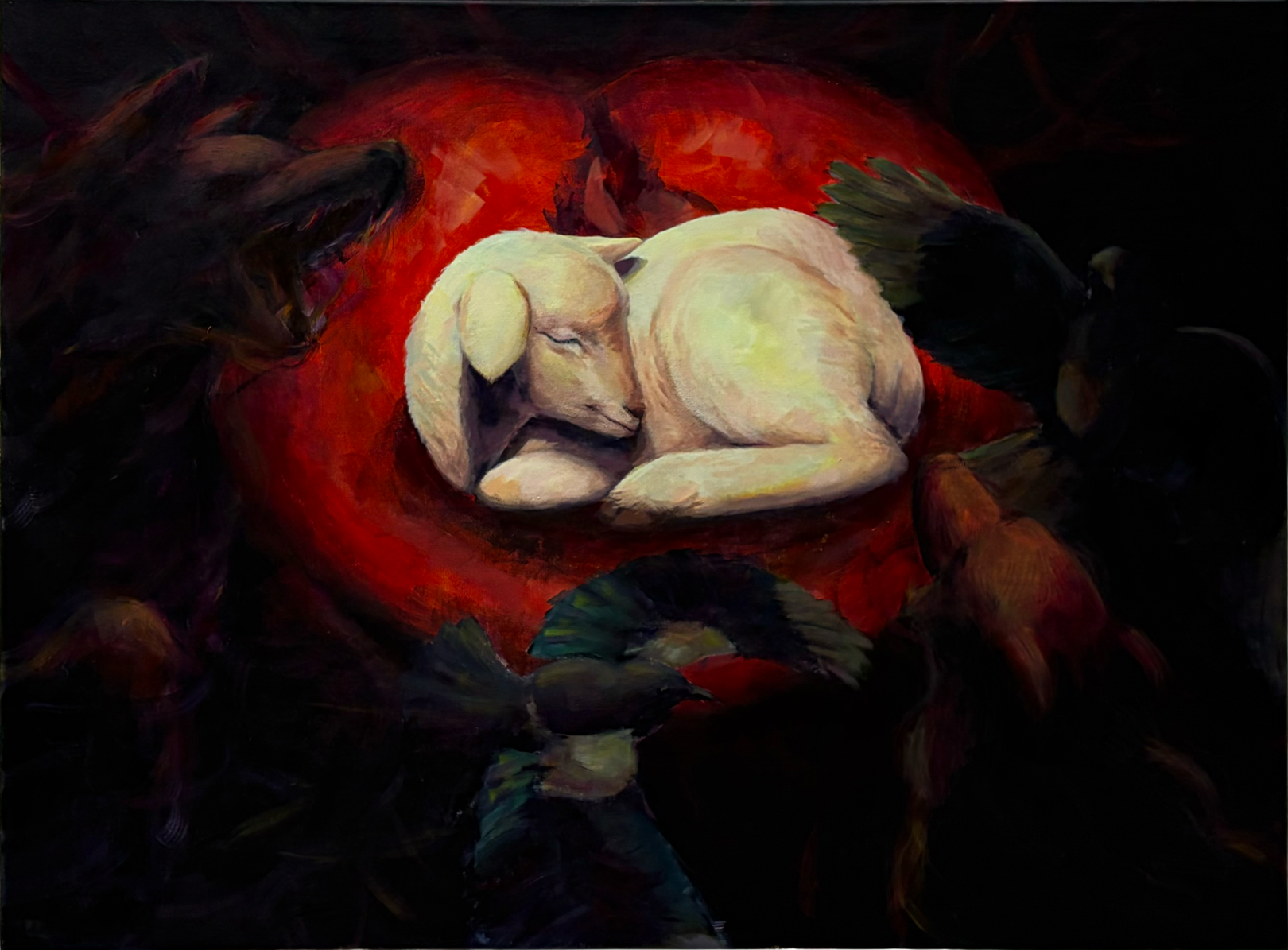 A painting of a white lamb curled up or cowering in front of a split plum, surrounded by ghostly gnashing wolves and magpies in flight.