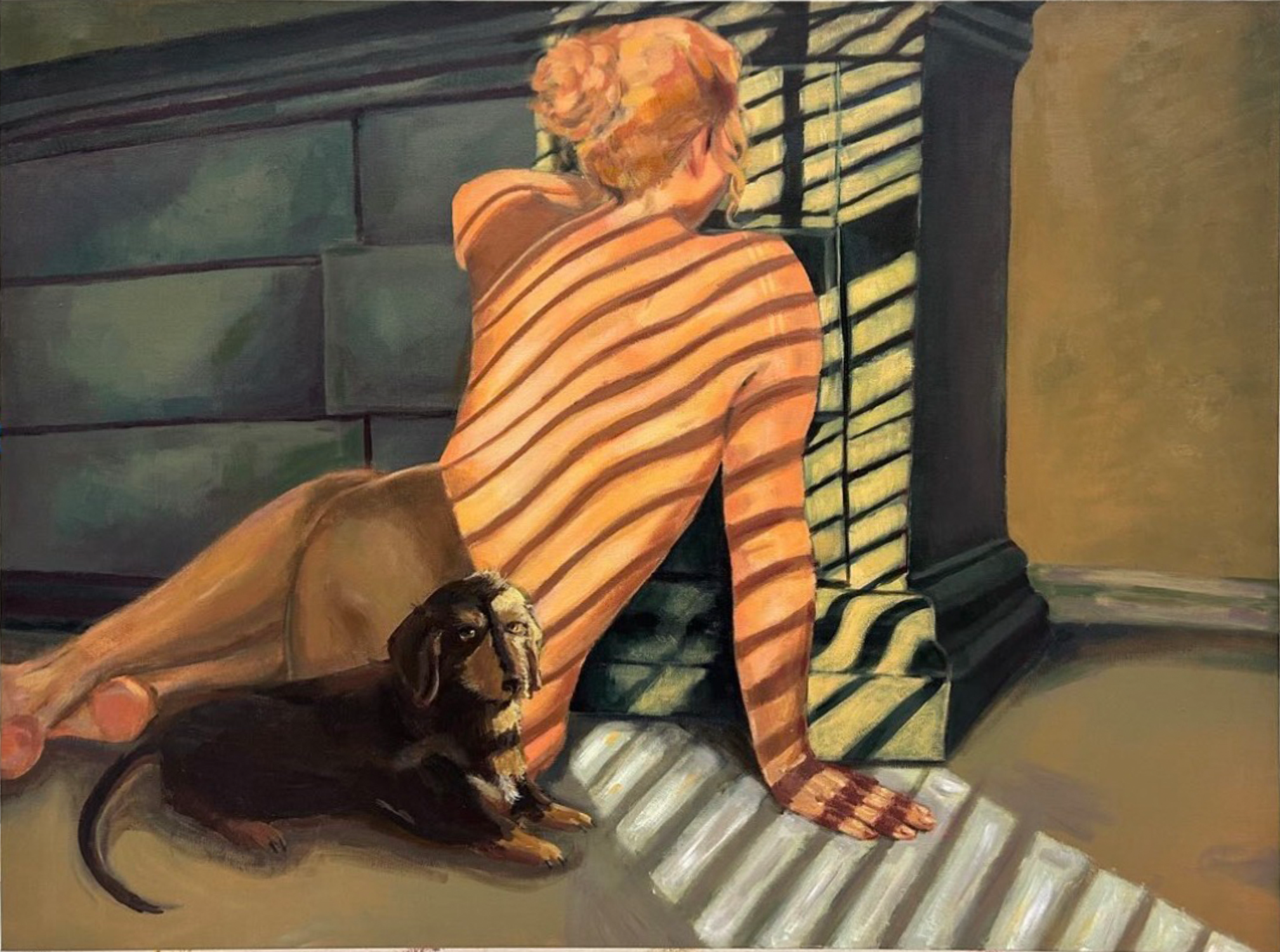 Painting of a woman sat on carpet, peering into an ajar dresser drawer. A miniature dachshund lies nearby. The scene is set in a room with sunlight casting shadows through window blinds.