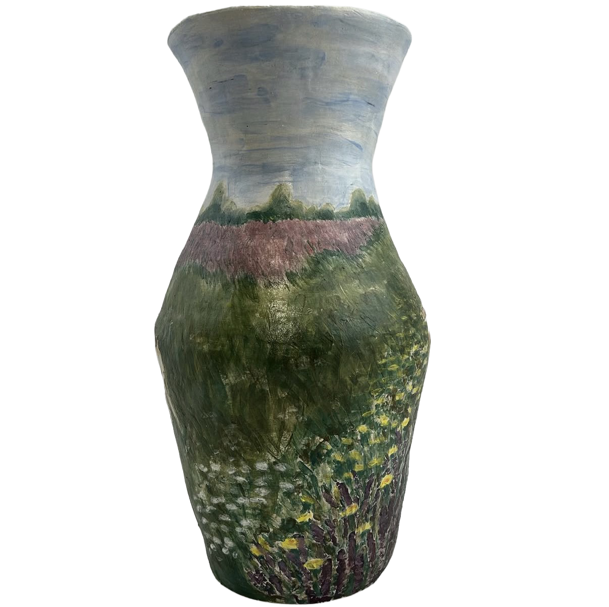 A large decorative vase painted with a landscape scene, featuring a cloudy sky, rolling hills with trees, and a field of flowers in various colors including purple and yellow.
