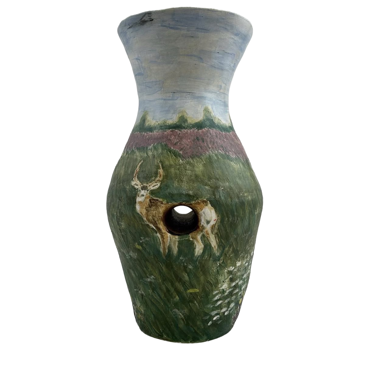 Buck view: Decorative vase with a landscape painting featuring green fields, trees, purple and yellow flowers, a deer, and a blue sky.
