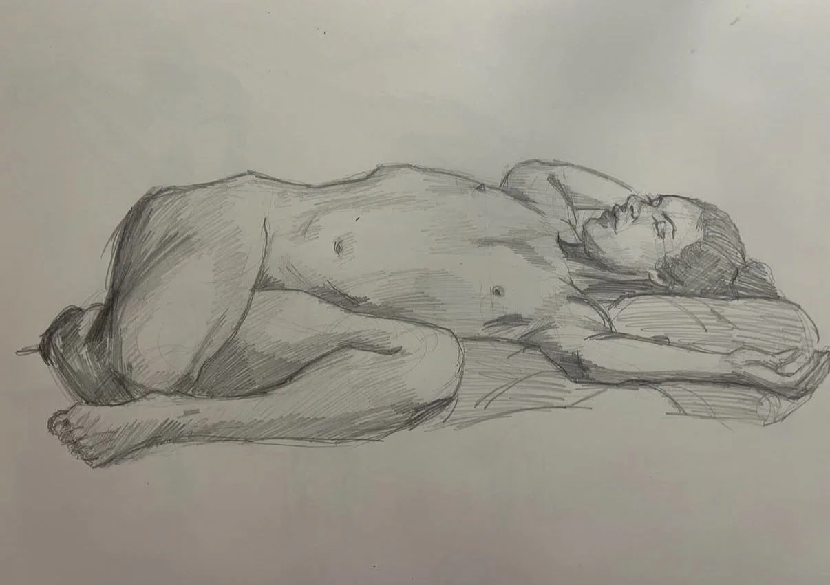 A pencil sketch of a reclining nude woman lying on her side with one arm stretched out above her head and the other across her body.