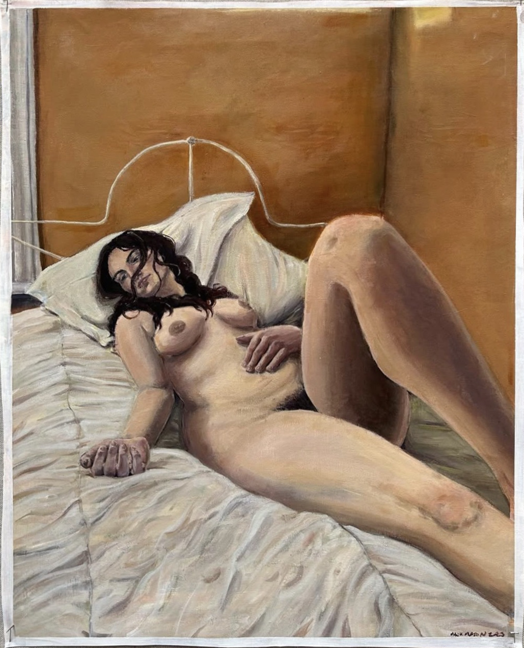 A painting of a nude woman with dark, curly hair lying on a bed with white sheets and pillows, in front of a metal headboard, with her knee propped up and her right arm resting on the mattress.