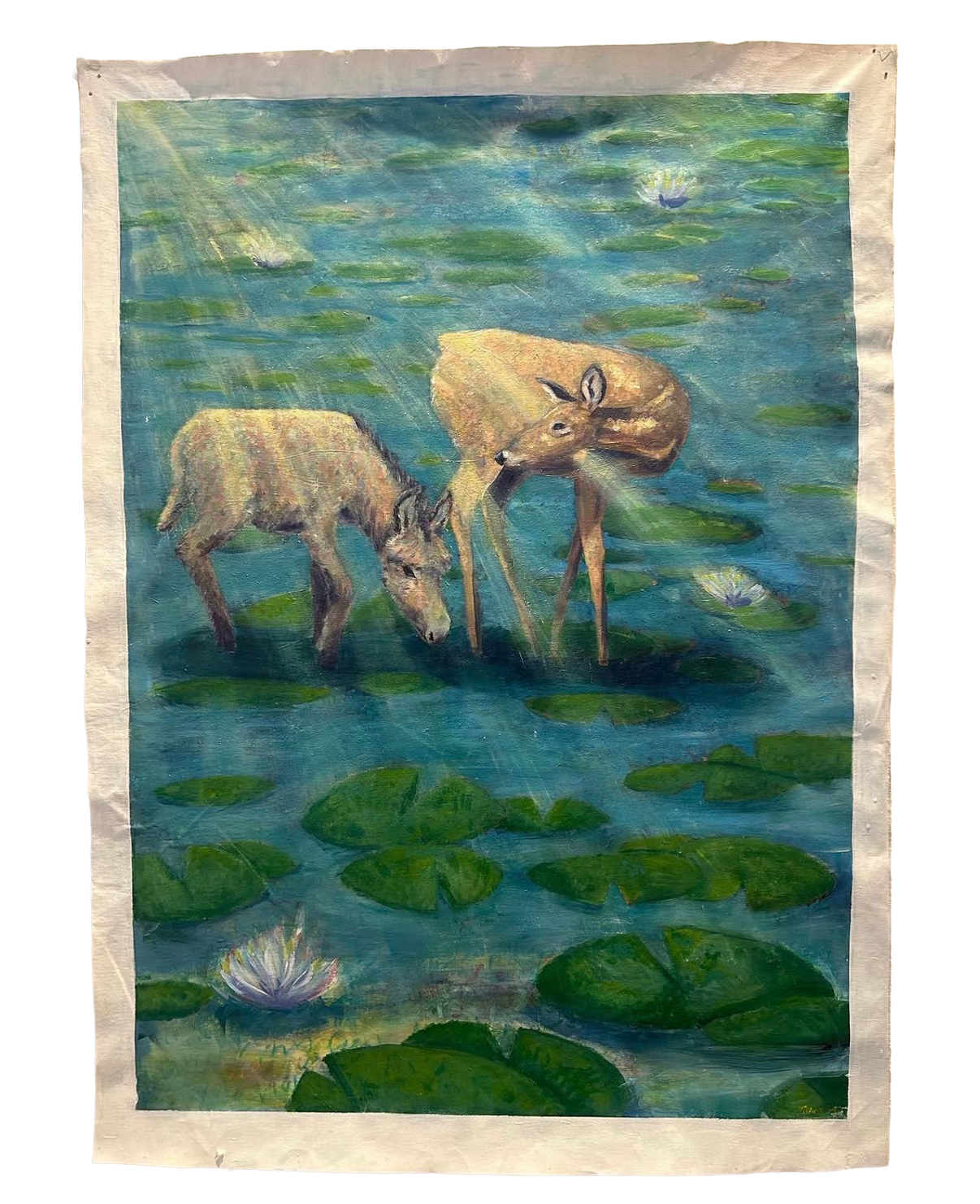 Painting of a deer and a donkey standing in a pond with water lilies and lily pads, with sunlight streaming down.