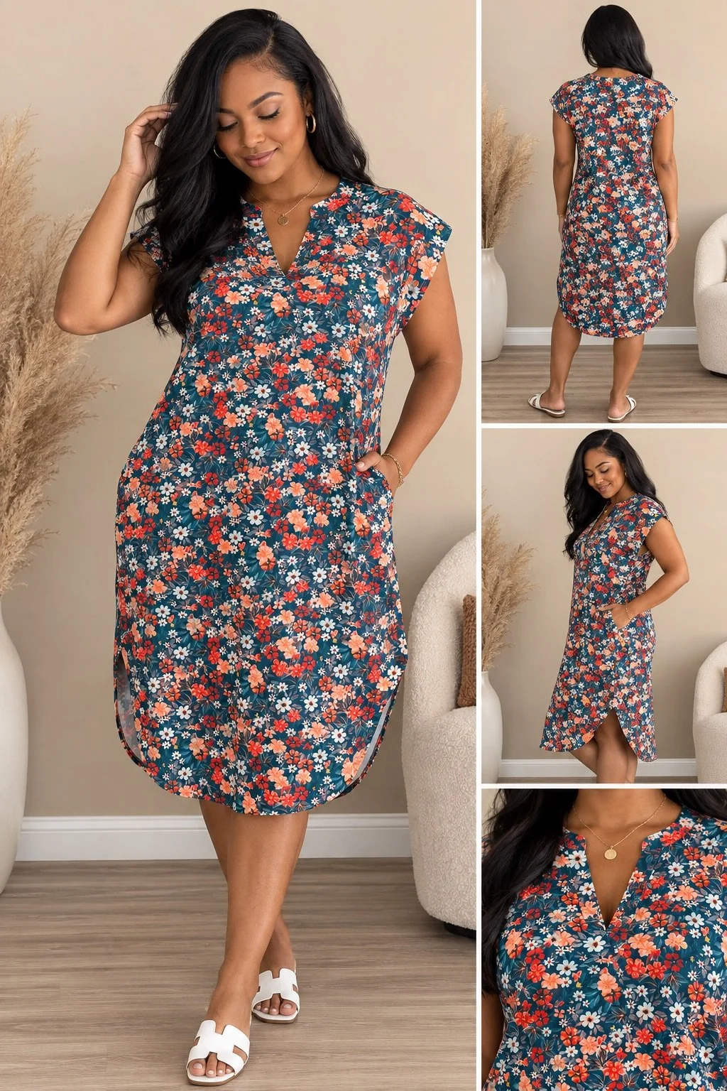 Vibrant Floral V-Neck Summer Dress- 1X
