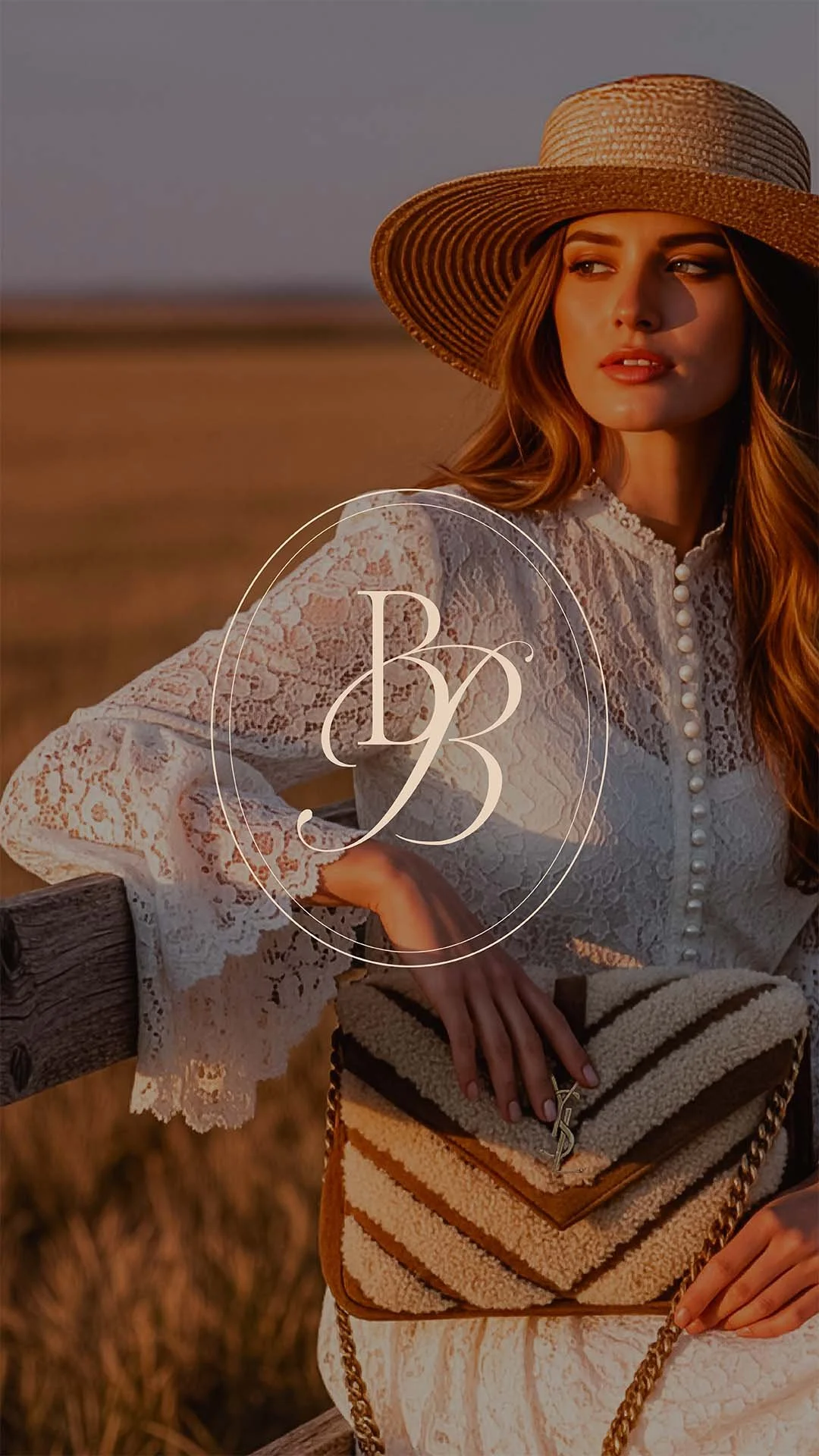 Beecham Bags logo designed by Wiitboh Studio over an image of A woman wearing a large straw hat and a white lace dress sitting on a wooden bench outdoors, holding a striped purse with a chain strap, in a field during sunset.